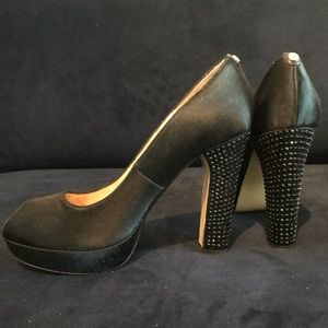 Michael Kors black satin studded peep toe pumps